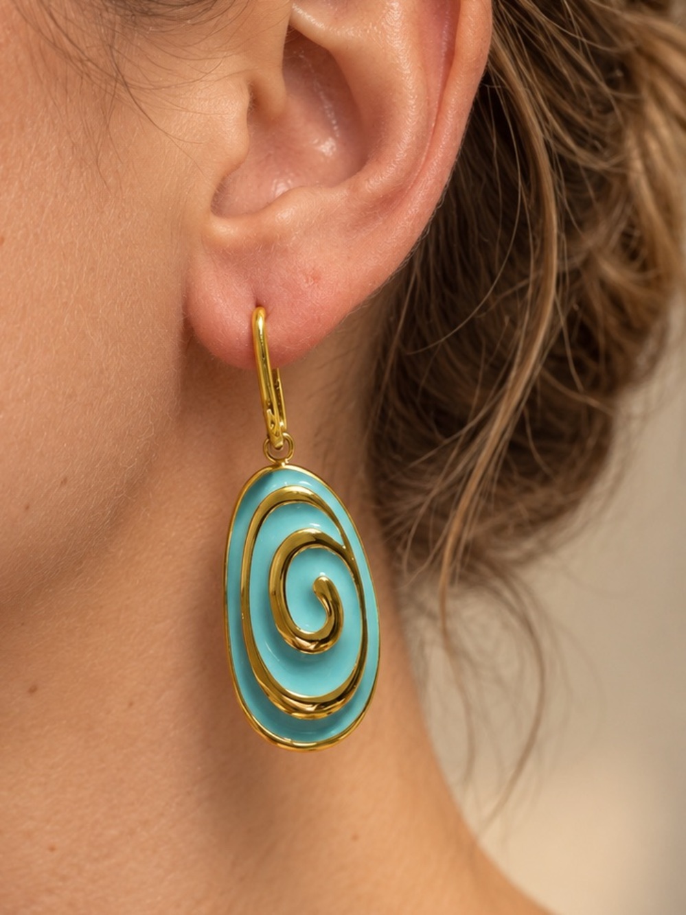 Turquoise Spiral Drop Dangle Earrings - Blue and Gold
